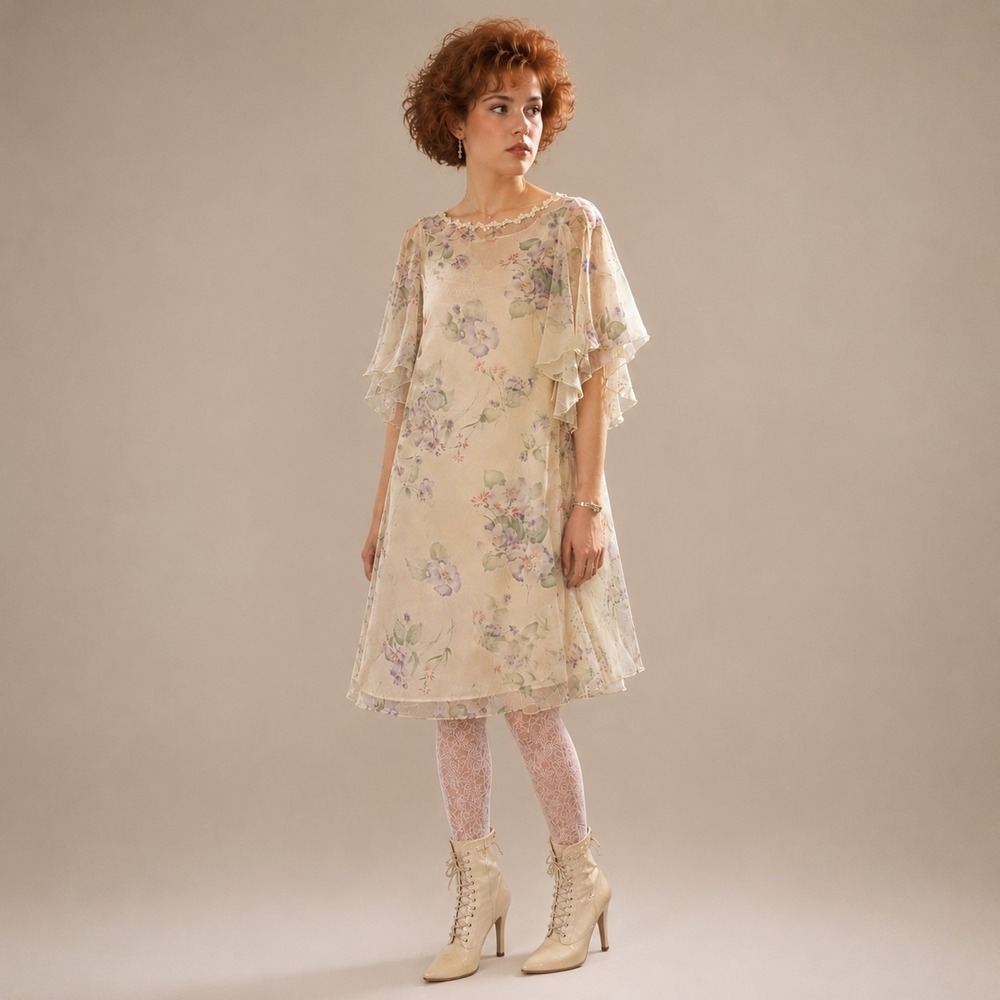 Vintage Miss Ashlee Floral Chiffon Dress 5‎ / 6 Cottagecore Fairycore Lace 80s